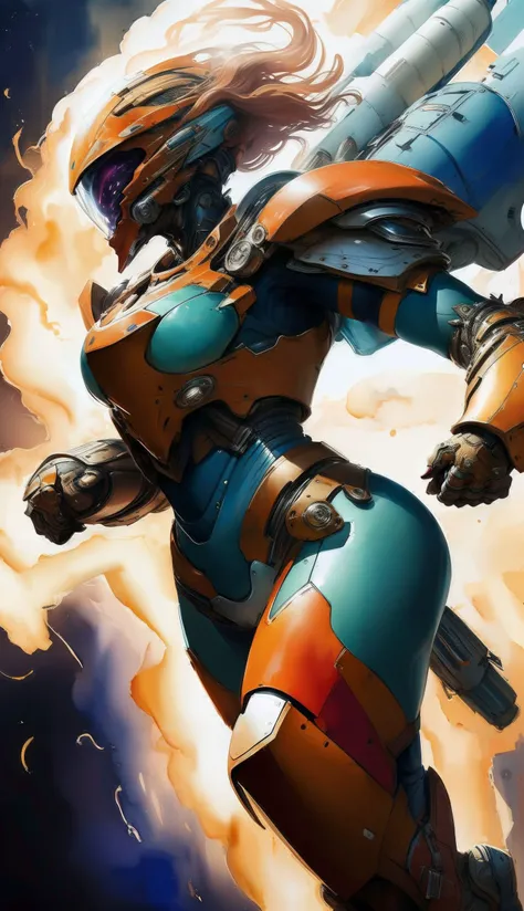 robort,serious looking,glowing 4K,Masterpiece,highres,absurdres,photorealistic,a woman in a suit of armor,big bulky futuristic armor,(running, moving),rocket propulsion,((from the side)),watercolor painting,negative space,by jim lee,<lora:FINAL Robort:0.8>,