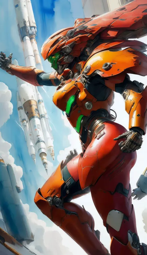 robort,serious looking,glowing 4K,Masterpiece,highres,absurdres,photorealistic,a woman in a suit of armor,big bulky futuristic armor,(running, moving),rocket propulsion,((from the side)),watercolor painting,negative space,by jim lee,<lora:FINAL Robort:0.9>,