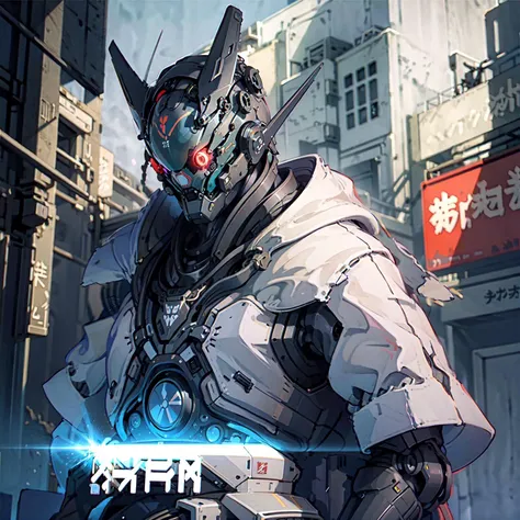 battle mech,cyborg, robot BREAK Shinsengumi Haori samurai BREAK wearing (robe:1.2) cape, heavily armored cyber helmet,sci-fi weapons,corporate logos, city in background,<lora:Shinsengumi_Haori:0.6> fcPortrait <lora:NijiExpressV2:0.2> <lora:FINAL Robort:0.3> <lora:cyberhelmetv0.7:0.9>