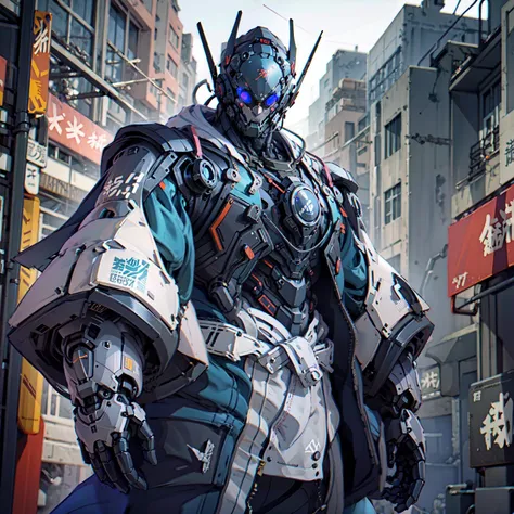 battle mech,cyborg, robot BREAK Shinsengumi Haori samurai BREAK wearing (robe:1.2) cape, heavily armored cyber helmet,sci-fi weapons,corporate logos, city in background,<lora:Shinsengumi_Haori:0.6> fcPortrait <lora:NijiExpressV2:0.2> <lora:FINAL Robort:0.3> <lora:cyberhelmetv0.7:0.9>