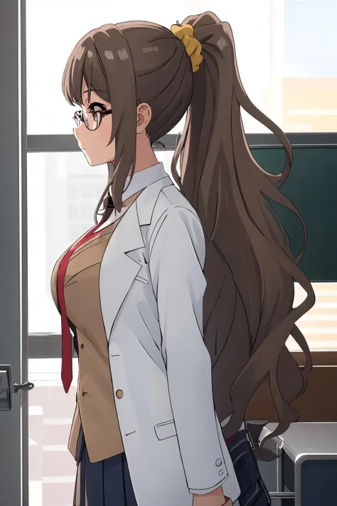 cinematic photo, 
1girl, from side,
<lora:ftb_rio_v1:0.7>, ftb, long hair, sidelocks, large breasts, glasses, ponytail, scrunchie, 
school uniform, brown blazer, closed jacket, white shirt,  pleated skirt, necktie, labcoat, ,
35mm photograph, film, bokeh, professional, 4k, highly detailed,