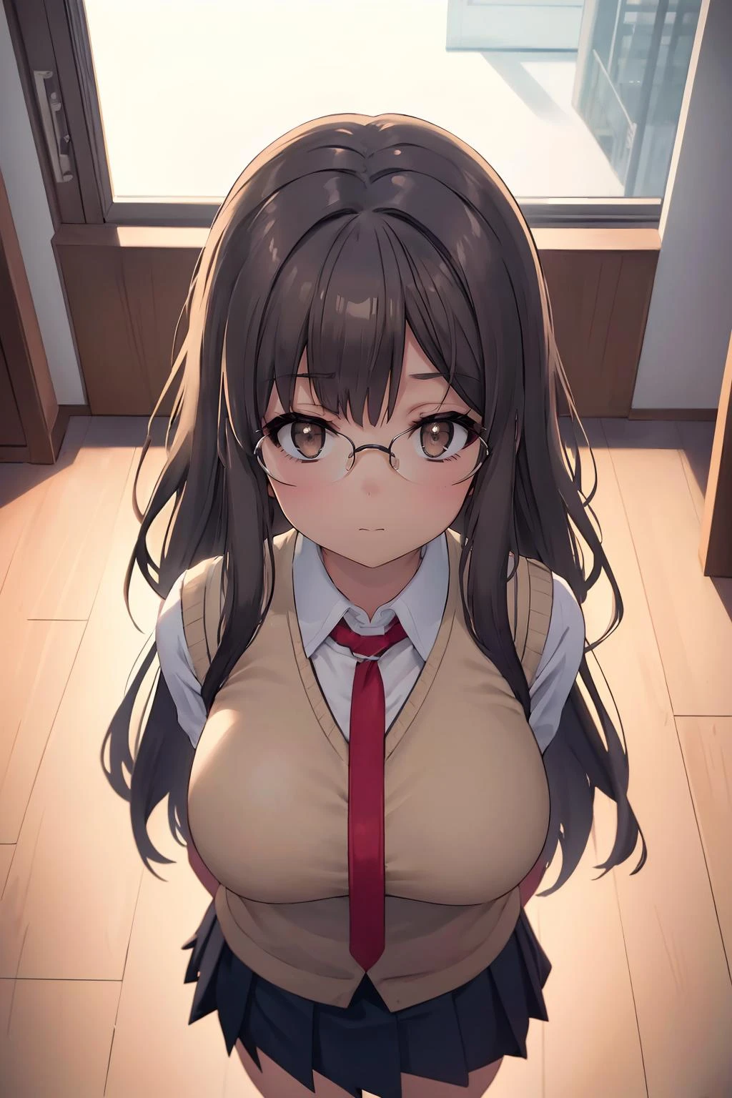 16k, highres, masterpiece, best quality,
cinematic film still,
pinup of cute petite, looking at viewer, surly, near window, (arms under breasts:1.2), from above,
<lora:ftb_rio_v1:0.7>, ftb,1girl, long hair, sidelocks, huge breasts, glasses,
school uniform, brown sweater vest, white shirt, pleated skirt, necktie, labcoat,
shallow depth of field, vignette, highly detailed, high budget, bokeh, cinemascope, moody, epic, gorgeous,
film grain, grainy,