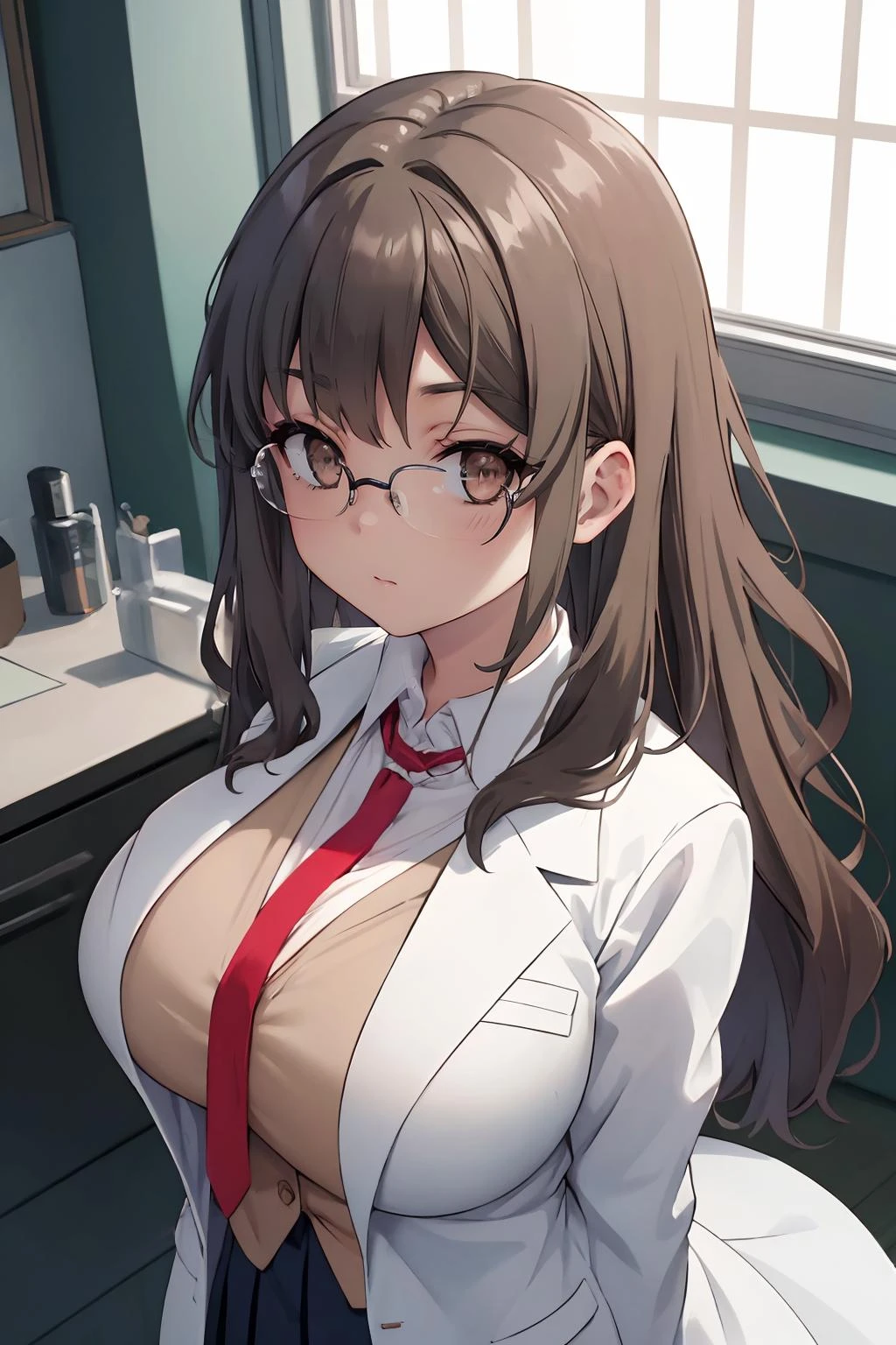 16k, highres, masterpiece, best quality,
cinematic film still,
pinup of cute petite, looking at viewer, surly, near window, (arms under breasts:1.2), chest focus, from above,
<lora:ftb_rio_v1:0.7>, ftb,1girl, long hair, sidelocks, (huge breasts:1.1), glasses,
school uniform, brown sweater vest, white shirt, pleated skirt, necktie, labcoat,
shallow depth of field, vignette, highly detailed, high budget, bokeh, cinemascope, moody, epic, gorgeous,
film grain, grainy,
