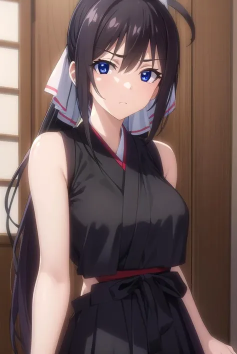 houkishinonono, <lora:houki shinonono s2-lora-nochekaiser:1>,
houki shinonono, long hair, blue eyes, black hair, ribbon, hair ribbon, ponytail,
BREAK skirt, japanese clothes, hakama, hakama skirt, (black hakama:1.5),
BREAK indoors, dojo,
BREAK looking at viewer, (cowboy shot:1.5),
BREAK <lyco:GoodHands-beta2:1>, (masterpiece:1.2), best quality, high resolution, unity 8k wallpaper, (illustration:0.8), (beautiful detailed eyes:1.6), extremely detailed face, perfect lighting, extremely detailed CG, (perfect hands, perfect anatomy),