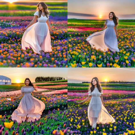 beautiful lighting, full-length, photograph, woman wearing summer dress and standing in field of flowers