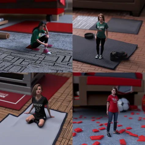 full-length, hg artstyle, tiny woman wearing tshirt on ground floor