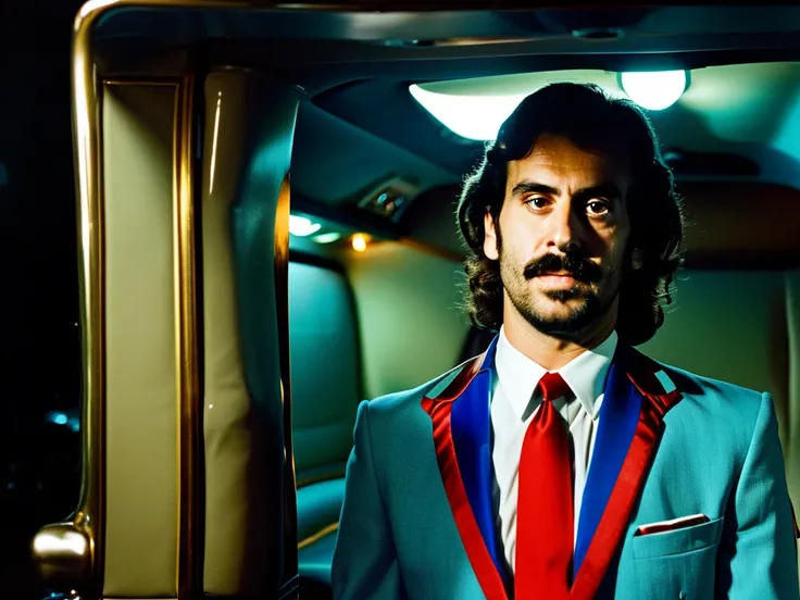 analog portrait of a limo driver from the 1970s, extremely detailed face, low light, perfect lighting, nostalgic, iso100, cinestill 800t, polarized filter, vivid bright colors bold, high quality photograph, still frame from a movie