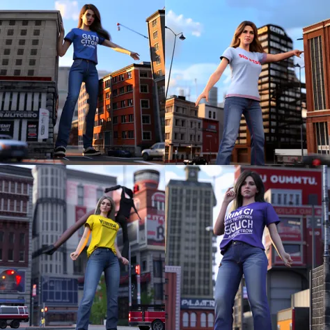 full-length, hg artstyle, giant woman standing in city, wearing tshirt and jeans