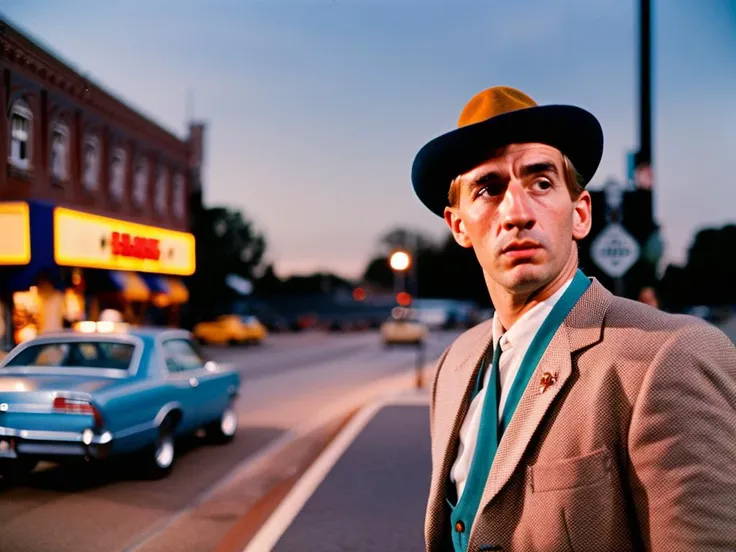 beautiful magical street photography, extremely detailed face, low light, perfect lighting, nostalgic, iso100, cinestill 800t, polarized filter, vivid bright colors bold, high quality photograph, still frame from a movie
