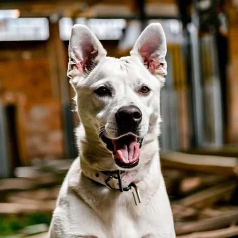 portrait of a dog, sharp focus, photography, in an abandoned warehouse, extremely detailed face