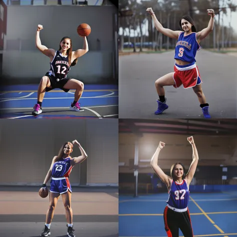 full-length, photograph, young muscular woman wearing basketball uniform flexing muscles