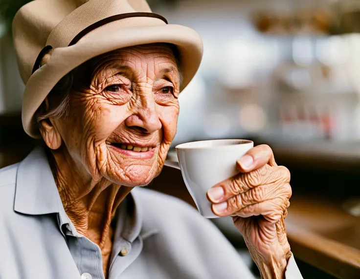portrait of an elderly lady, sitting in an empty cafe, drinking coffee, sharp focus, cinestill 800t, documentary film footage, high resolution photography, supple skin pores, real person, detailed skin texture