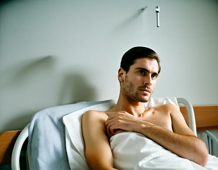 portrait of a hospital patient waiting on the doctor to come back with diagnosis, laying in a hospital bed, sharp focus, cinestill 800t, documentary film footage, high resolution photography, supple skin pores, real person, detailed skin texture