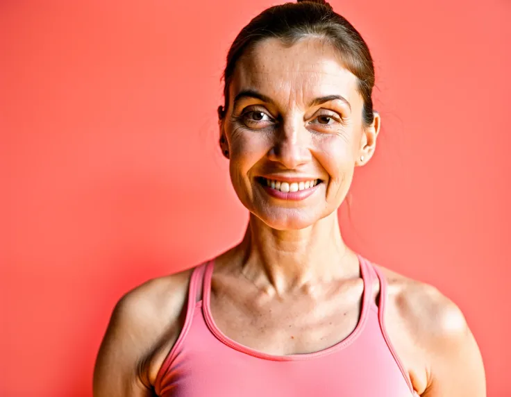 ortrait of a female dance instructor teaching an aerobics class, sharp focus, cinestill 800t, documentary film footage, high resolution photography, supple skin pores, real person, detailed skin texture