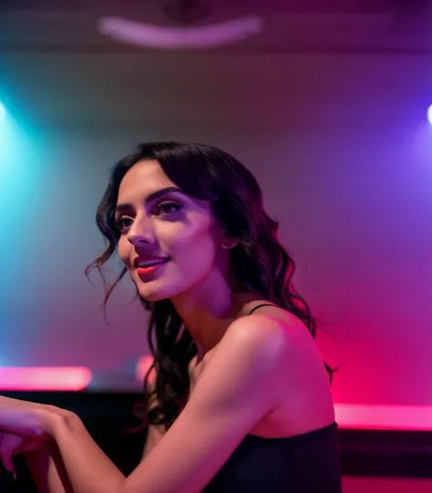 face of a young latina woman with black hair wearing a red dress in a music club, best quality, 4k, high resolution, sharp focus