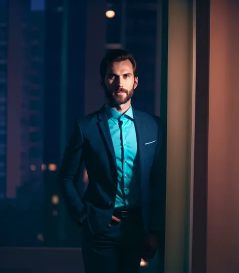 a man wearing a suit in the office, dim cool lighting, night time, best quality, 4k, high resolution