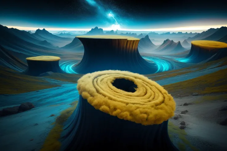alien landscape photography, recursion in nature, contrasting beauty, impossible infinite looping connections, distorted reality