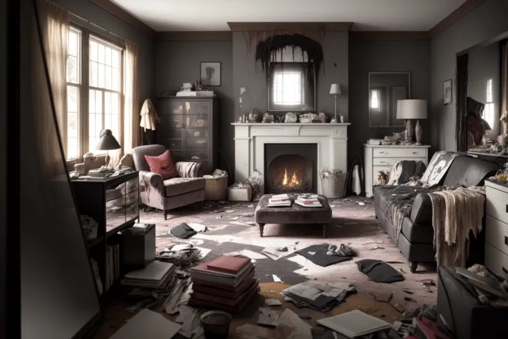 masterpiece, (photorealistic:1.4), top quality, rule of thirds, horror, living room, demon in reflection, chaotic messy room