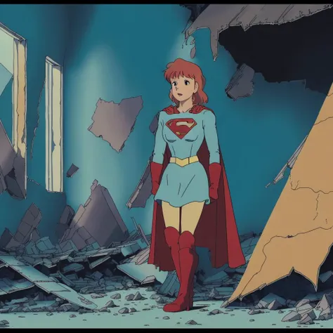 full-length, gh artstyle screencap, ns with (rh hairstyle) wearing (((sg outfit with cape))), ((standing inside the interior of a ruined and abandoned building, looking around, searching, walking))