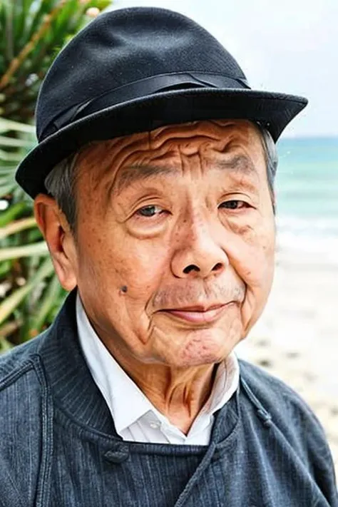 photo of a (men),old man, 70 years old, serious look ,standing at (beach), portrait photo, (closeup:1.2),Black jacke,  <lora:wuma_20230623042246:0.8>