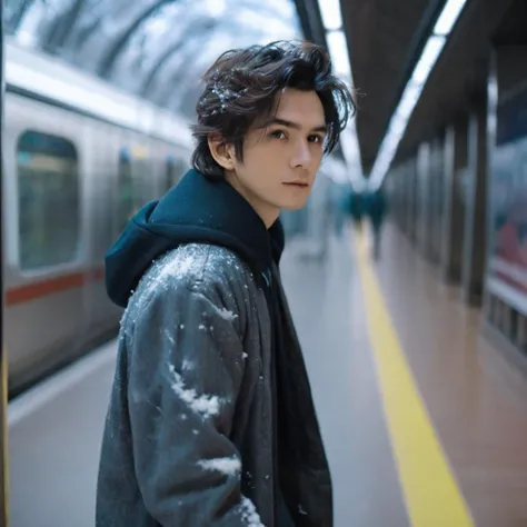 (8k,RAW photo,masterpiece, best quality,CG,epic realistic,official art,),1boy,solo,looking at viewer,upper body, adult, black hair, messy hair, looking away, victory pose, smirk, in winter, ((futurism)), from side,subway station, subway,