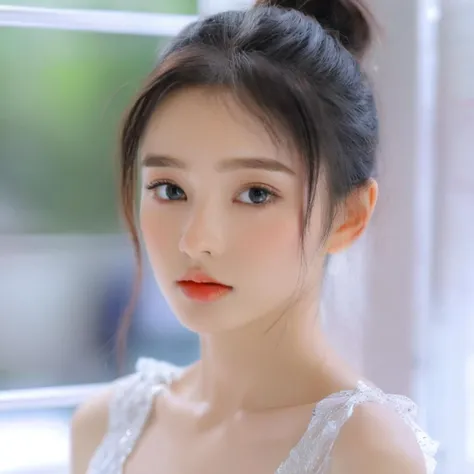 (8k,RAW photo,masterpiece, best quality,CG,epic realistic,official art,)1girl,solo,Professional portrait photography of the face of a beautiful girl with (glossy nude lips) with black eyes,looking at viewer, realistic matte skin, highly detailed, skin texture visible, woman wearing dress,blurry background,