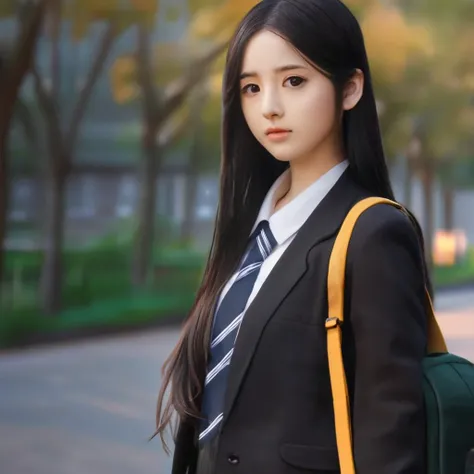 (8k,RAW photo,masterpiece, best quality,CG,epic realistic,official art,),1girl,long hair, looking at viewer, one  eye  closed, black hair, school  uniform,serafuku, street, sunset, school bag, upper body, darkness, school,building, tree,