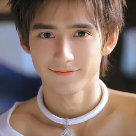 (8k,RAW photo,masterpiece, best quality,CG,epic realistic,official art,),1boy,solo,looking at viewer,portrait, close-up, choker,looking away,smile, extreme close-up,