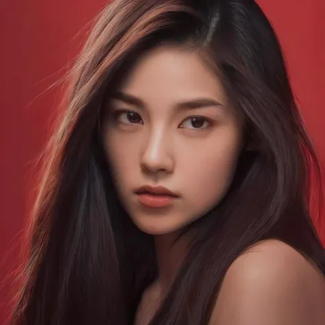a 20 yo woman,long hair,dark theme, soothing tones, muted colors, high contrast, (natural skin texture, hyperrealism, soft light, sharp),red background,simple background,