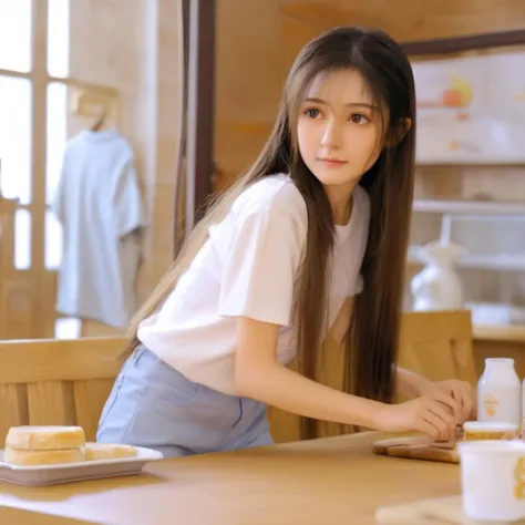 (8k,RAW photo,masterpiece, best quality,CG,epic realistic,official art,),1girl, solo, tsurime, very long hair, straight hair, T-shirt, short  shorts, cafeteria,