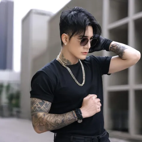 (8k,RAW photo,masterpiece, best quality,CG,epic realistic,official art,)1boy, mysterious, arm tattoo, belt, black gloves, black hair, black pants, black shirt, building, chain, city, closed mouth, depth of field, earrings, gloves, jewelry, male focus, neck tattoo, night, outdoors, pants, piercing, shirt, short hair, short sleeves, solo, standing, sunglasses, tattoo,full body, muscular,