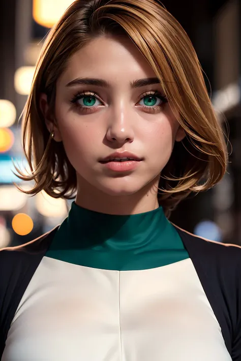 Best quality, masterpiece, ultra high res, (photorealistic:1.4), raw photo, 1girl, (22 years old Latina woman), medium breast, normal waist, dark golden blonde hair glamour, (green detailed eyes), beautiful face, wearing necklace, waist up, in crowded New York Street, night, deep shadow, dark theme, fancy white dress, gorgeous hair, <lora:TaniaGarcia_v1.0:0.3> <lora:3DMM_V11:0.5>