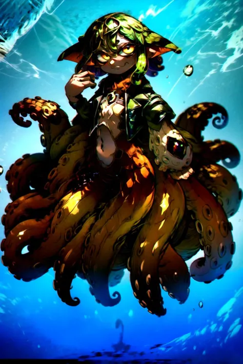 (8k uhd, masterpiece, best quality, high quality, absurdres, ultra-detailed), (solo, 1girl:1.5) lovecraftian, (green tentacle hair, green tentacle legs, eldritch_abomination:1.2) scylla, eldritch, monster girl, <lora:Cthulhu:0.35>, <lora:add_detail:1.35>, <lora:splatoon:0.5>, (leg tentacles:1.35), <lora:detailed_eye_V2:1.0>, overcoat, bulletproof vest, <lora:colorfix:1.25>, <lora:edgElegant:1.0>, edgelegant, flat chest, piercing glowing eyes, <lora:Scylla:1.0>, submerged, clothed, uniform, eight tentacle legs, squid lower half, smug, floating hair, hovering, human skin, green tentacles, pale skin, <lora:breastsizeslideroffset:-1.0>, elf ears, underwater background, loose clothes, flappy sleeves, long sleeves, face, <lyco:image_compositionLoCon:1.0>, character focus, (tentacles for legs:1.35), tentacles, fused at hip, <lyco:aiomonstergirls_aiov2LoraLocon:1.35>, many tentacles, <lora:ShadmanCleanFinalAttempt:1.0>