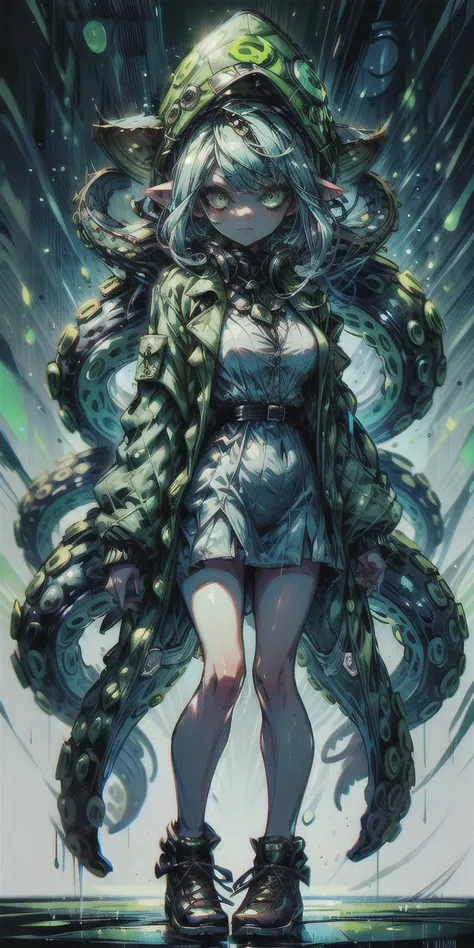 (8k uhd, masterpiece, best quality, high quality, absurdres, ultra-detailed), (solo, 1girl:1.2) lovecraftian, (green tentacle hair, green tentacle legs, eldritch_abomination:1.2) scylla, eldritch, monster girl, <lora:Cthulhu:0.35>,  <lora:add_detail:1>, <lora:splatoon:0.45>, leg tentacles,  <lora:detailed_eye_V2:1.0>, overcoat, bulletproof vest,  <lora:colorfix:1.5>