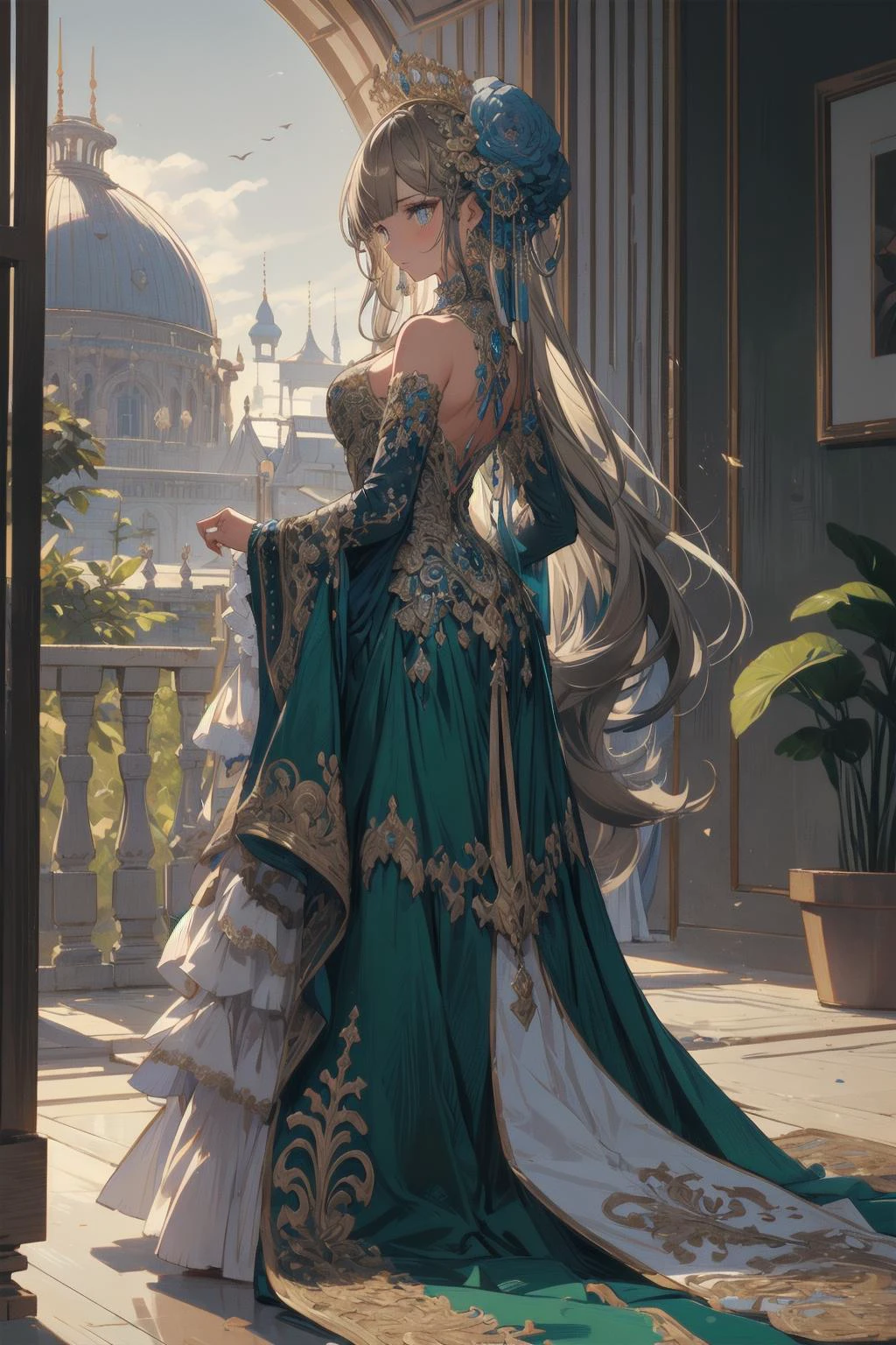 (masterpiece, best quality:1.3),beautiful detailed glow,best illuminate,(((best quality,textile shading,ultra detailed))),extremely detailed CG unity 8k wallpaper,Highly Detailed beautiful and aesthetic,best light,high resolution,detailed,dynamic lighting,
1girl, solo,naughty face,
<lora:add_detail:0.3>,
<lora:peacock-noise:1>,((Peacock)),cleavage,medium breasts,dress,long dress,((ornament)),bare shoulders,
light brown hair,
long hair,
from behind,
dark green dress,
Medieval-like palace,palace,Beautiful palace, Beautiful Garden,Garden,
<lora:colorfix:1>