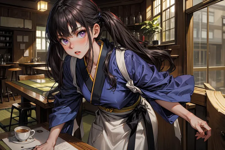 (masterpiece, highres, absurdres, best quality:1.2), 1girl, at cafe, tatami, small room, counter, dappled sunlight, <lora:takina_inoue_v1-Hoseki:0.75> takina inoue, bangs, black hair, purple eyes, twintails, japanese clothes, blue kimono, apron, (angry:0.8), looking at viewer, (blush:0.6), shallow depth of field, ultra detailed, ultra-precise depiction, ultra-detailed depiction, beautiful detailed eyes, <lora:add_detail:0.3><lora:beautiful-detailed-eyes:0.0><lora:hair_intakes:0.0><lora:colorfix:0.0>