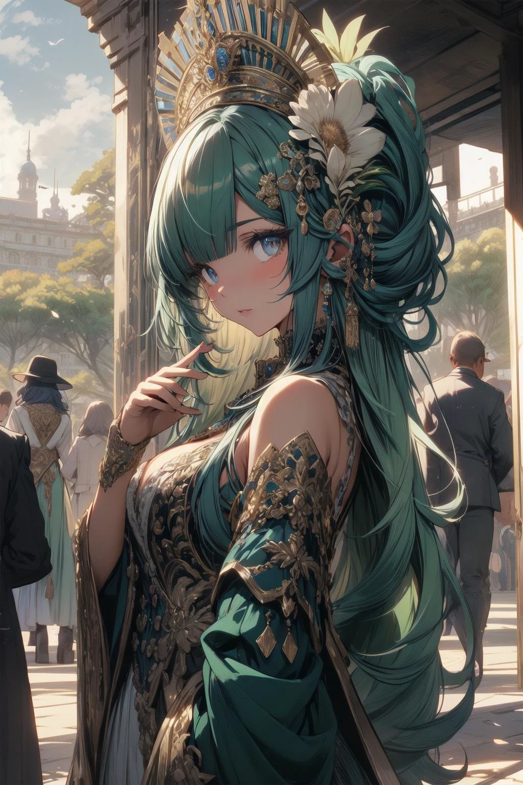 (masterpiece, best quality:1.3),beautiful detailed glow,best illuminate,(((best quality,textile shading,ultra detailed))),extremely detailed CG unity 8k wallpaper,Highly Detailed beautiful and aesthetic,best light,high resolution,detailed,dynamic lighting,
1girl, solo,naughty face,
<lora:add_detail:0.3>,
<lora:peacock-noise:1>,((Peacock)),cleavage,medium breasts,dress,long dress,((ornament)),bare shoulders,
light blue hair,
long hair,
close-up,
light green dress,
Medieval-like palace,palace,Beautiful palace, Beautiful Garden,Garden,
<lora:colorfix:1>
