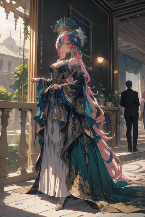 (masterpiece, best quality:1.3),beautiful detailed glow,best illuminate,(((best quality,textile shading,ultra detailed))),extremely detailed CG unity 8k wallpaper,Highly Detailed beautiful and aesthetic,best light,high resolution,detailed,dynamic lighting,
1girl, solo,naughty face,
<lora:add_detail:0.3>,
<lora:peacock-noise:1>,((Peacock)),cleavage,medium breasts,dress,long dress,((ornament)),bare shoulders,
pink hair,
absurdly long hair,
full body,
streaked dress,
Medieval-like palace,palace,Beautiful palace, Beautiful Garden,Garden,
<lora:colorfix:1>