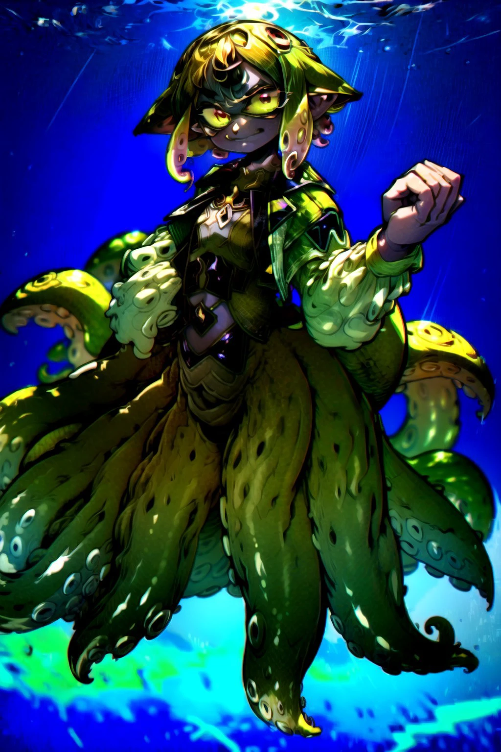 (8k uhd, masterpiece, best quality, high quality, absurdres, ultra-detailed), (solo, 1girl:1.5) lovecraftian, (green tentacle hair, green tentacle legs, eldritch_abomination:1.2) scylla, eldritch, monster girl, <lora:Cthulhu:0.35>, <lora:add_detail:1.35>, <lora:splatoon:0.5>, (leg tentacles:1.35), <lora:detailed_eye_V2:1.0>, overcoat, bulletproof vest, <lora:colorfix:1.25>, <lora:edgElegant:1.0>, edgelegant, flat chest, piercing glowing eyes, <lora:Scylla:1.0>, submerged, clothed, uniform, eight tentacle legs, squid lower half, smug, floating hair, hovering, human skin, green tentacles, pale skin, <lora:breastsizeslideroffset:-1.0>, elf ears, underwater background, loose clothes, flappy sleeves, long sleeves, face, <lyco:image_compositionLoCon:1.0>, character focus, (tentacles for legs:1.35), tentacles, fused at hip, <lyco:aiomonstergirls_aiov2LoraLocon:1.35>, many tentacles, <lora:ShadmanCleanFinalAttempt:1.0>