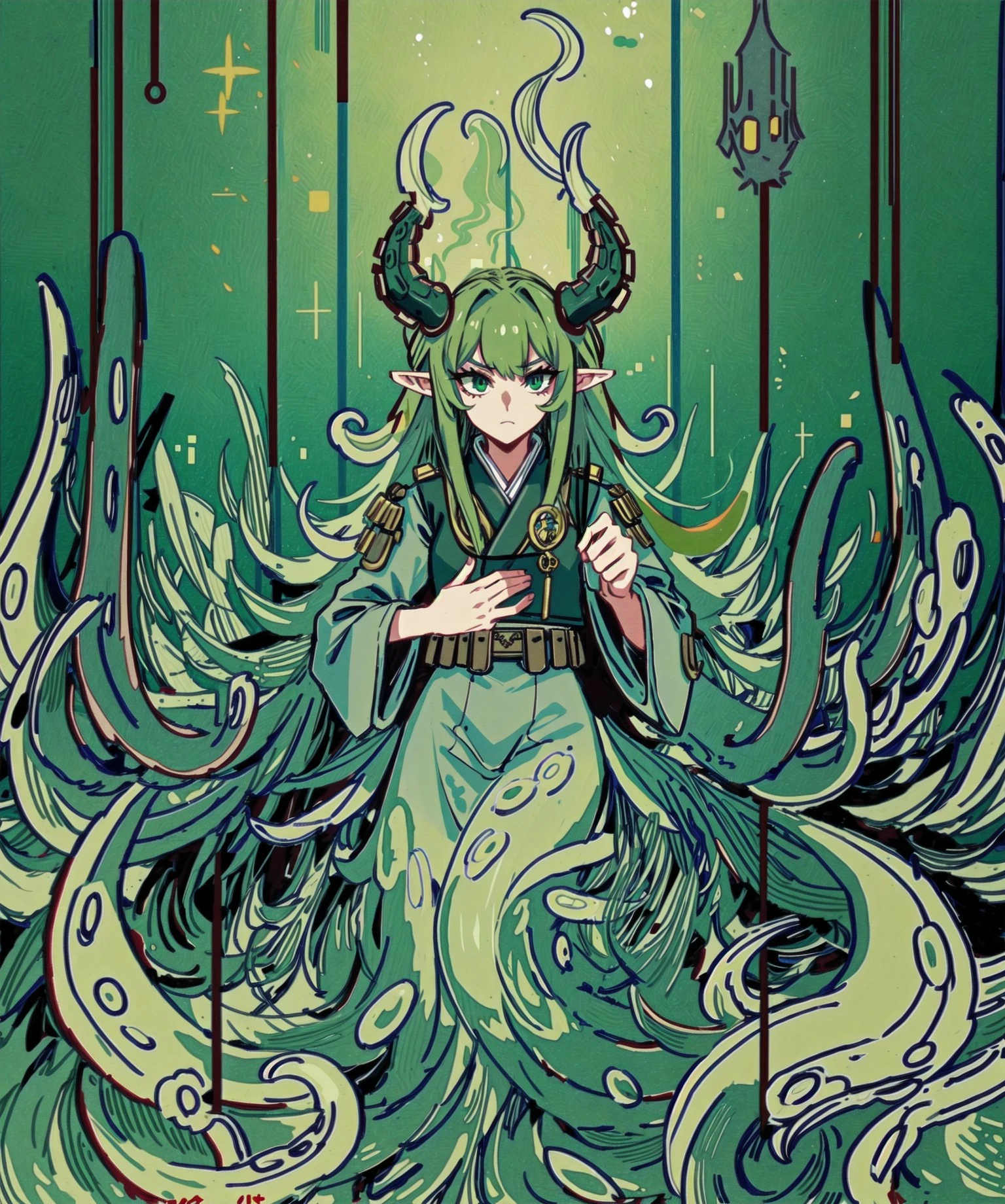 (8k uhd, masterpiece, best quality, high quality, absurdres, ultra-detailed), solo, 1girl <lora:Squidlegs_V1.0:0.8>, squidlegs, tentacles, monster girl, scylla, solo, 1girl, tentacle hair, pointy ears, eldritch abomination, menacing, flappy sleeves, long sleeves, loose sleeves, military hat, military jacket, tentacle legs, green hair, green tentacles, bulletproof vest, <lora:colorfix:1.0>, detailed background, smug, partially underwater shot, <lyco:GoodHands-beta2:1.0>, japanese text, good hands, nice hands, perfect hands, <lora:akairiot:0.45>