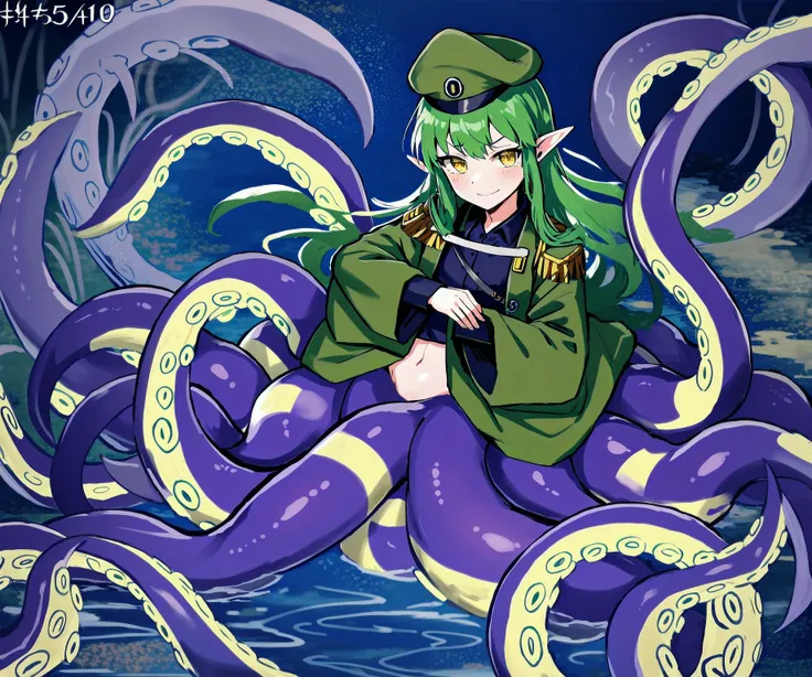 lamia, harpy, centaur, scylla, mermaid, arachne (8k uhd, masterpiece, best quality, high quality, absurdres, ultra-detailed), solo, 1girl <lora:Squidlegs_V1.0:0.8>, squidlegs, tentacles, monster girl, scylla, solo, 1girl,(hair tentacles:1.2), pointy ears, eldritch abomination, menacing, flappy sleeves, long sleeves, loose sleeves, military hat, military jacket, tentacle legs, green hair, green tentacles, bulletproof vest,  <lora:colorfix:1.0>, detailed background, smug, partially underwater shot,  <lyco:GoodHands-beta2:1.0>, japanese text, good hands, nice hands, perfect hands, eldritch, paracausal,  <lora:breastsizeslideroffset:-1.0>, thoughtful expression, on stomach, floating, yellow eyes, squid eyes,