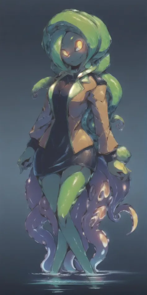 (8k uhd, masterpiece, best quality, high quality, absurdres, ultra-detailed), (solo, 1girl:1.2) lovecraftian, (green tentacle hair, green tentacle legs, eldritch_abomination:1.2) scylla, eldritch, monster girl, <lora:Cthulhu:0.35>, <lora:add_detail:1>, <lora:splatoon:0.5>, (leg tentacles:1.35), <lora:detailed_eye_V2:1.0>, overcoat, bulletproof vest, <lora:colorfix:1.25>, <lora:edgElegant:1.0>, edgelegant, flat chest, piercing glowing eyes, <lora:Scylla:1.0>, submerged, clothed, uniform, eight tentacle legs, squid lower half, <lora:flat2:1.0>, smug,