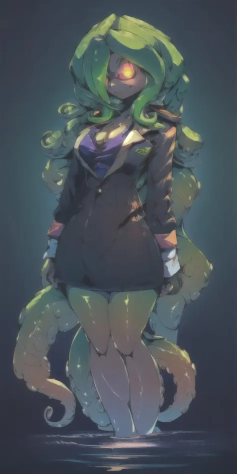 (8k uhd, masterpiece, best quality, high quality, absurdres, ultra-detailed), (solo, 1girl:1.2) lovecraftian, (green tentacle hair, green tentacle legs, eldritch_abomination:1.2) scylla, eldritch, monster girl, <lora:Cthulhu:0.35>, <lora:add_detail:1>, <lora:splatoon:0.5>, (leg tentacles:1.35), <lora:detailed_eye_V2:1.0>, overcoat, bulletproof vest, <lora:colorfix:1.25>, <lora:edgElegant:1.0>, edgelegant, flat chest, piercing glowing eyes, <lora:Scylla:1.0>, submerged, clothed, uniform, eight tentacle legs, squid lower half, <lora:flat2:1.0>, smug,