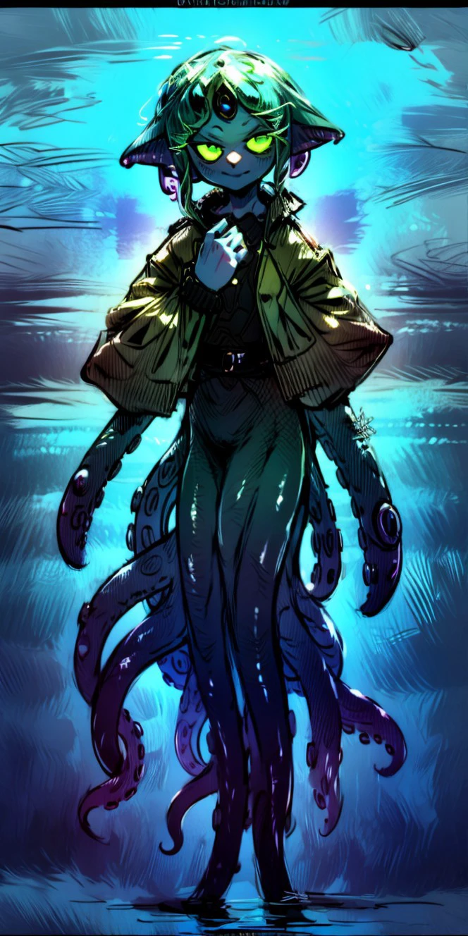 (8k uhd, masterpiece, best quality, high quality, absurdres, ultra-detailed), (solo, 1girl:1.2) lovecraftian, (green tentacle hair, green tentacle legs, eldritch_abomination:1.2) scylla, eldritch, monster girl, <lora:Cthulhu:0.35>, <lora:add_detail:1.35>, <lora:splatoon:0.5>, (leg tentacles:1.35), <lora:detailed_eye_V2:1.0>, overcoat, bulletproof vest, <lora:colorfix:1.25>, <lora:edgElegant:1.0>, edgelegant, flat chest, piercing glowing eyes, <lora:Scylla:1.0>, submerged, clothed, uniform, eight tentacle legs, squid lower half, smug, floating hair, hovering, human skin, green tentacles, <lora:akairiot:0.45>, pale skin, <lora:breastsizeslideroffset:-1.0>, elf ears, underwater background, loose clothes, flappy sleeves, long sleeves, face, <lyco:image_compositionLoCon:1.0>, character focus, (tentacles for legs:1.35), tentacles, fused at hip, <lyco:aiomonstergirls_aiov2LoraLocon:1.5>, many tentacles,