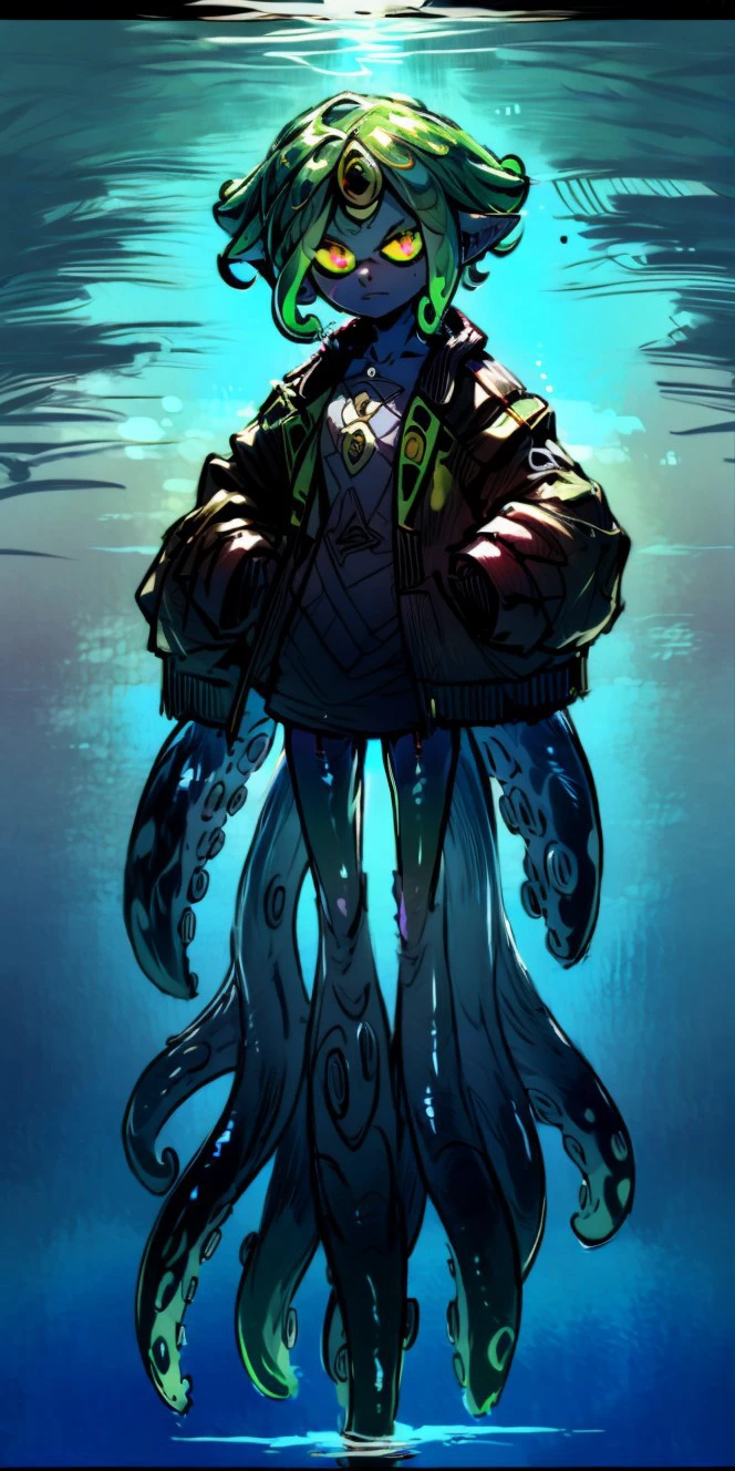 (8k uhd, masterpiece, best quality, high quality, absurdres, ultra-detailed), (solo, 1girl:1.2) lovecraftian, (green tentacle hair, green tentacle legs, eldritch_abomination:1.2) scylla, eldritch, monster girl, <lora:Cthulhu:0.35>, <lora:add_detail:1.35>, <lora:splatoon:0.5>, (leg tentacles:1.35), <lora:detailed_eye_V2:1.0>, overcoat, bulletproof vest, <lora:colorfix:1.25>, <lora:edgElegant:1.0>, edgelegant, flat chest, piercing glowing eyes, <lora:Scylla:1.0>, submerged, clothed, uniform, eight tentacle legs, squid lower half, smug, floating hair, hovering, human skin, green tentacles, <lora:akairiot:0.45>, pale skin, <lora:breastsizeslideroffset:-1.0>, elf ears, underwater background, loose clothes, flappy sleeves, long sleeves, face, <lyco:image_compositionLoCon:1.0>, character focus, (tentacles for legs:1.35), tentacles, fused at hip, <lyco:aiomonstergirls_aiov2LoraLocon:1.0>