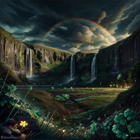 CelticLandStyle,scenery, sky, cloud, rainbow, fantasy, water, outdoors, night, waterfall, no humans,glowing four-leaf clover,night, <lora:CelticLandStyle:1>, <lora:add_detail:0.8>  <lora:colorfix:0.8>