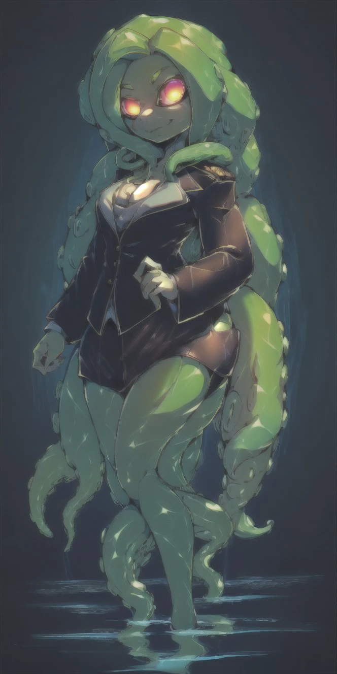 (8k uhd, masterpiece, best quality, high quality, absurdres, ultra-detailed), (solo, 1girl:1.2) lovecraftian, (green tentacle hair, green tentacle legs, eldritch_abomination:1.2) scylla, eldritch, monster girl, <lora:Cthulhu:0.35>, <lora:add_detail:1>, <lora:splatoon:0.5>, (leg tentacles:1.35), <lora:detailed_eye_V2:1.0>, overcoat, bulletproof vest, <lora:colorfix:1.25>, <lora:edgElegant:1.0>, edgelegant, flat chest, piercing glowing eyes, <lora:Scylla:1.0>, submerged, clothed, uniform, eight tentacle legs, squid lower half, <lora:flat2:1.0>, smug,