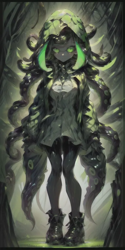 (8k uhd, masterpiece, best quality, high quality, absurdres, ultra-detailed), (solo, 1girl:1.2) lovecraftian, (green tentacle hair, green tentacle legs, eldritch_abomination:1.2) scylla, eldritch, monster girl, <lora:Cthulhu:0.5>,  <lora:add_detail:1>, <lora:splatoon:0.45>, leg tentacles,  <lora:detailed_eye_V2:1.0>, overcoat, bulletproof vest,  <lora:colorfix:1.0>