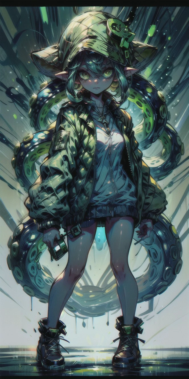 (8k uhd, masterpiece, best quality, high quality, absurdres, ultra-detailed), (solo, 1girl:1.2) lovecraftian, (green tentacle hair, green tentacle legs, eldritch_abomination:1.2) scylla, eldritch, monster girl, <lora:Cthulhu:0.35>, <lora:add_detail:1>, <lora:splatoon:0.45>, leg tentacles, <lora:detailed_eye_V2:1.0>, overcoat, bulletproof vest, <lora:colorfix:1.5>