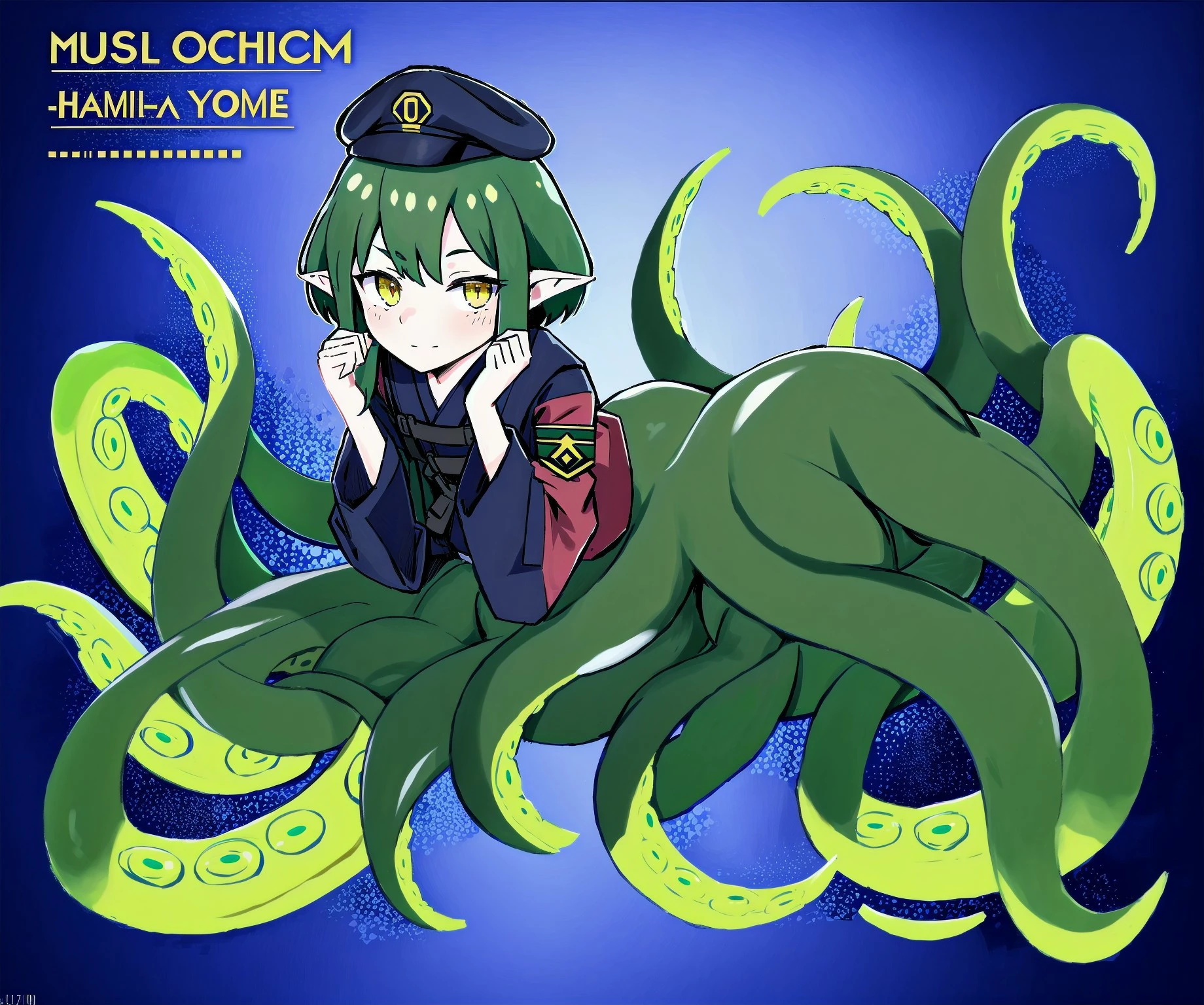 lamia, harpy, centaur, scylla, mermaid, arachne (8k uhd, masterpiece, best quality, high quality, absurdres, ultra-detailed), solo, 1girl <lora:Squidlegs_V1.0:0.8>, squidlegs, tentacles, monster girl, scylla, solo, 1girl,(hair tentacles:1.2), pointy ears, eldritch abomination, menacing, flappy sleeves, long sleeves, loose sleeves, military hat, military jacket, tentacle legs, green hair, green tentacles, bulletproof vest, <lora:colorfix:1.0>, detailed background, smug, partially underwater shot, <lyco:GoodHands-beta2:1.0>, japanese text, good hands, nice hands, perfect hands, eldritch, paracausal, <lora:breastsizeslideroffset:-1.0>, thoughtful expression, on stomach, floating, yellow eyes, squid eyes,